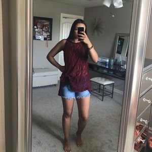 FREE PEOPLE: Wine lace long tank top